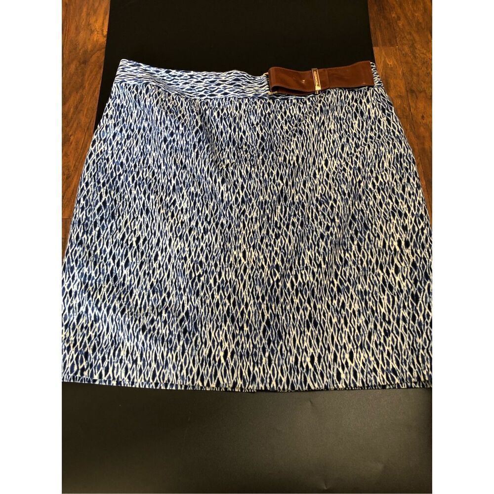 Michael Kors Blue & White Brown Leather Belted Pencil Skirt Career size 10 Wave